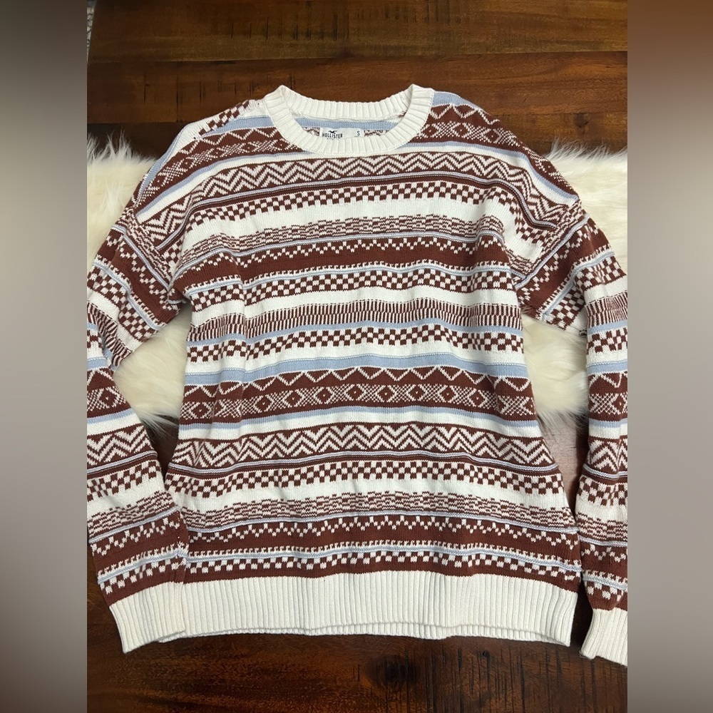 Hollister Women’s Sweater Small Brown White Fair Isle Knit 100% Cotton Nice - Picture 1 of 1
